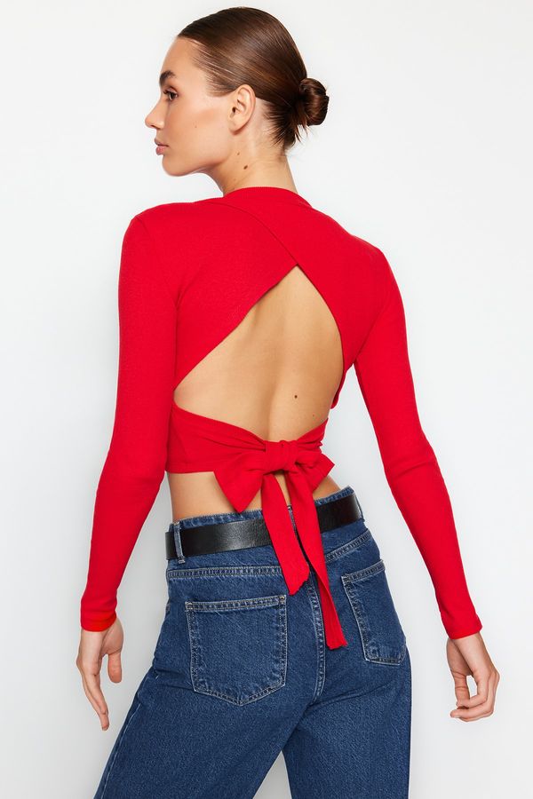 Trendyol Trendyol Red Decollete Decollete Tie Detailed Fitted Crew Neck Crop Ribbed Knitted Blouse