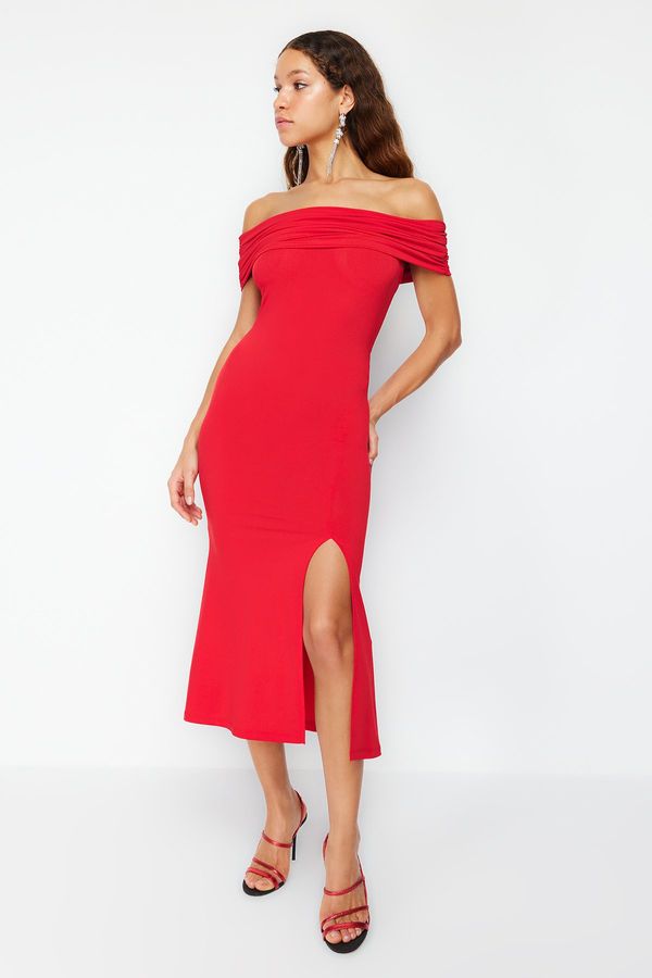 Trendyol Trendyol Red Fitted Knitted Elegant Evening Dress