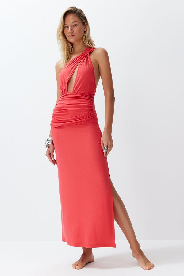 Trendyol Trendyol Red Fitted Maxi Knitted Cut Out/Window One Shoulder Beach Dress