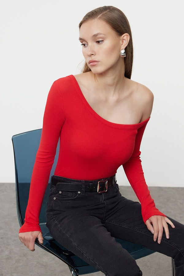 Trendyol Trendyol Red Fitted Off Shoulder Corded Cotton Stretch Knitted Blouse