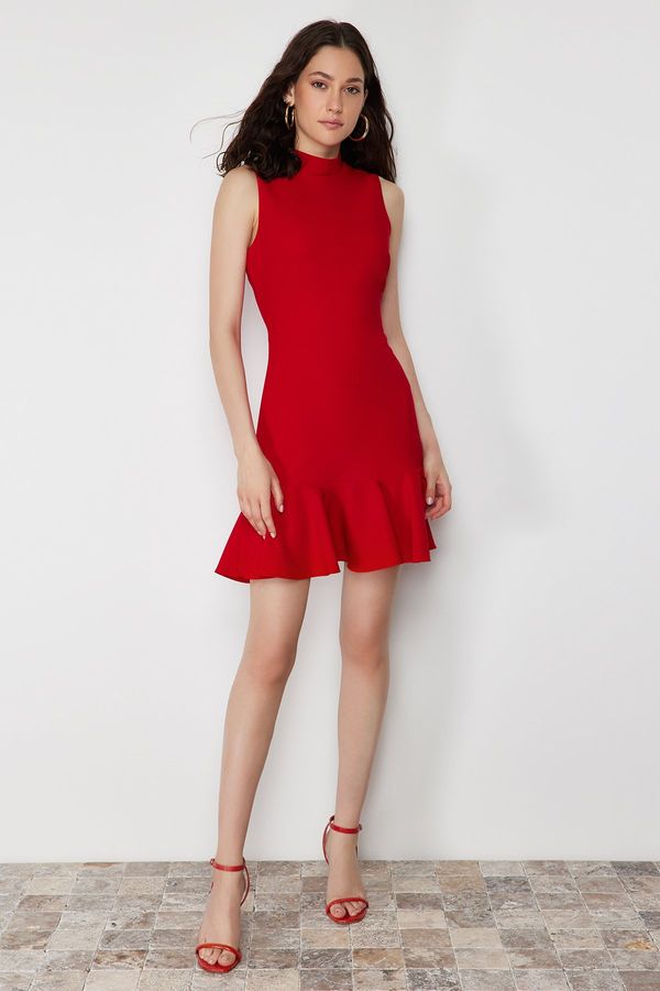 Trendyol Trendyol Red Fitted Skirt Flounce High Neck Mini Sleeveless Woven Dress