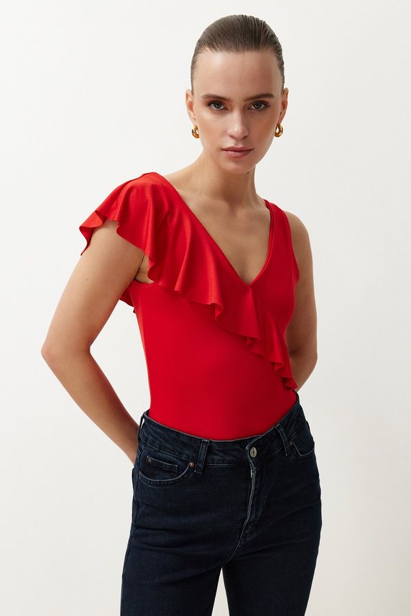 Trendyol Trendyol Red Fitted/Body-Sitting Ruffle Detailed V-Neck Stretch Knitted Body with Snap Fasteners