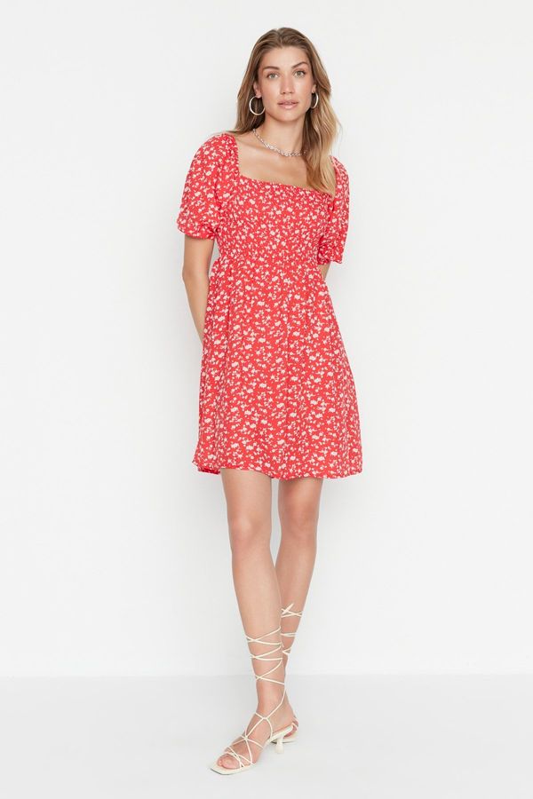 Trendyol Trendyol Red Floral Skater/Waist Opening Guiped Viscose Mini Woven Dress