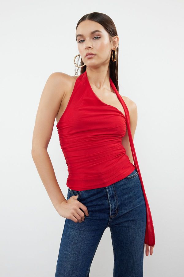 Trendyol Trendyol Red Halter Neck Gathered Lined Stretchy Knitted Blouse
