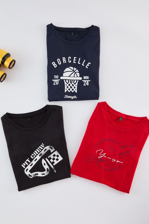Trendyol Trendyol Red-Indigo-Black 3-Pack Boy Printed Cotton Knitted T-Shirt