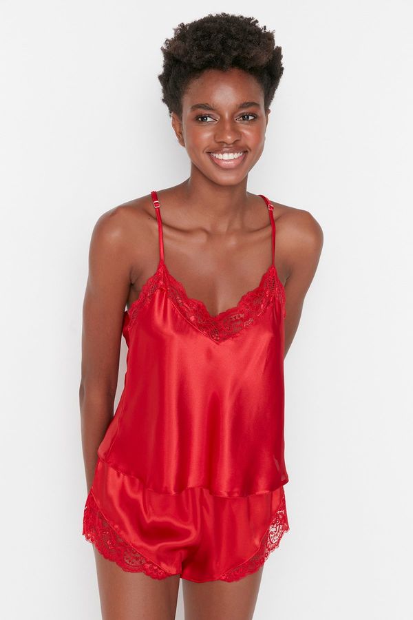 Trendyol Trendyol Red Lace Detailed Rope Strap Satin Woven Pajama Set