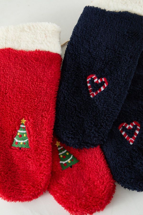 Trendyol Trendyol Red-Navy 2-Pack New Year Themed Embroidered Terry Knitted Socks