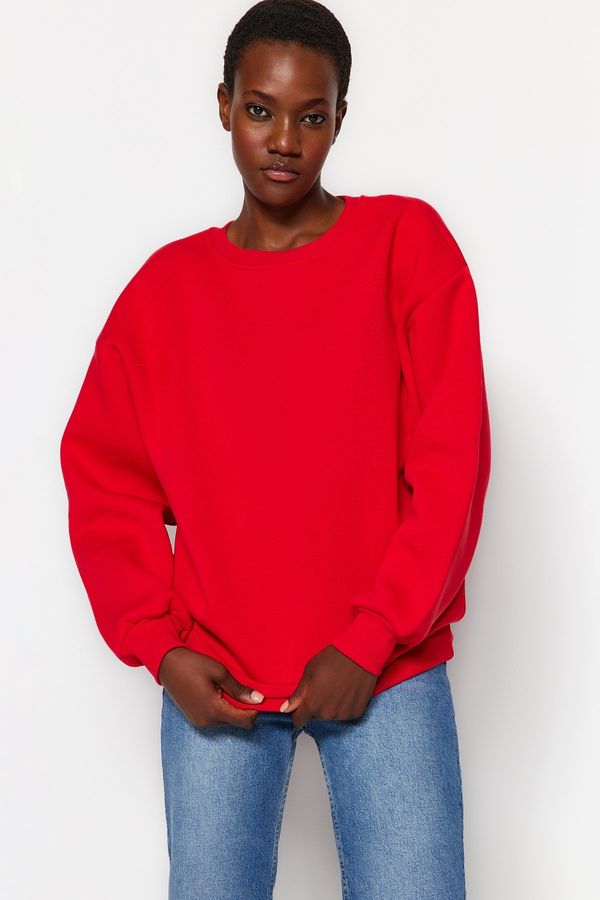 Trendyol Trendyol Red Oversize/Relaxed Fit Basic Crew Neck Thick/Polar inside Knitted Sweatshirt