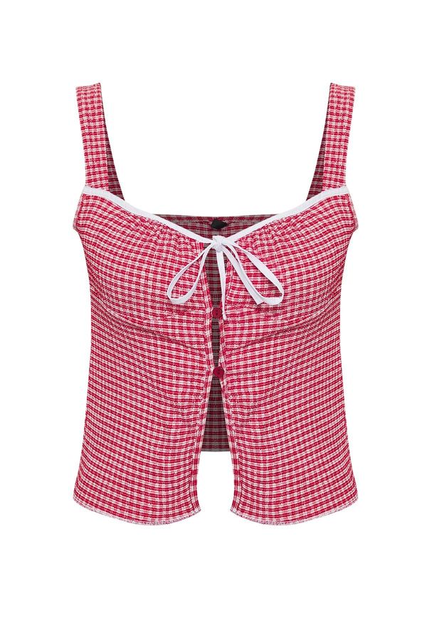 Trendyol Trendyol Red Petti Square Patterned Tie Detail Stretchy Knitted Blouse