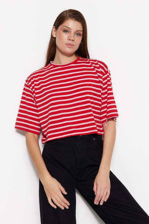 Trendyol Trendyol Red-Pink Striped Relaxed/Wide, Comfortable Cut Crop Crewneck Knitted T-Shirt