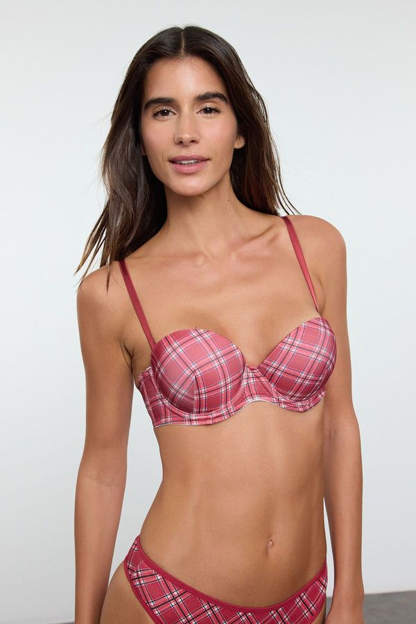 Trendyol Trendyol Red Plaid Rope Strap Extra Push-Up Tshirt Bra Knitted Bra