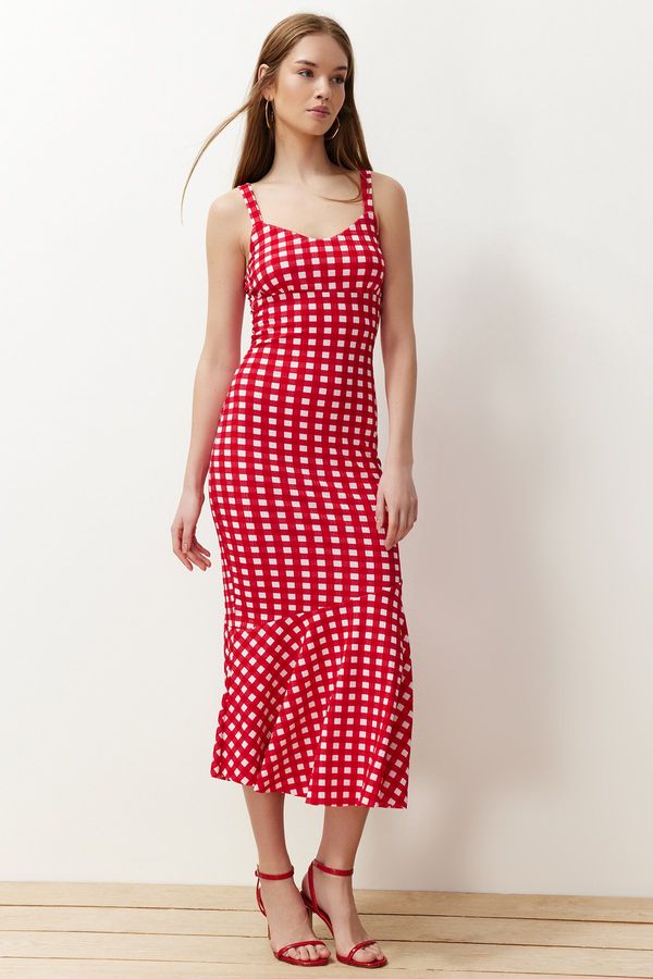 Trendyol Trendyol Red Plaid Strappy Fitted Ribbed Flexible Knitted Maxi Pencil Dress