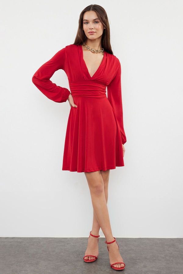 Trendyol Trendyol Red Plain Skater V-Neck Skater/Sandy Midi Dress