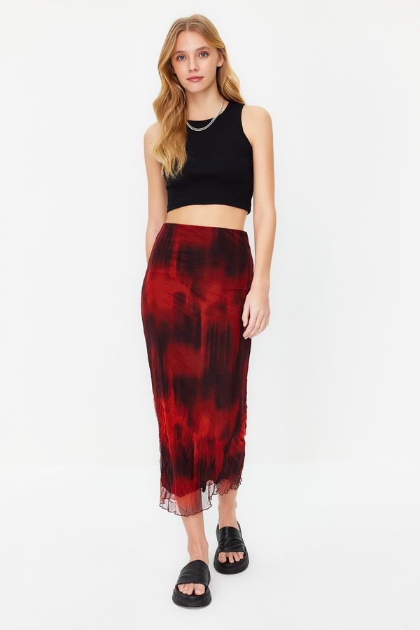 Trendyol Trendyol Red Printed Wrinkled Look Lined Tulle Maxi Stretchy Knitted Skirt