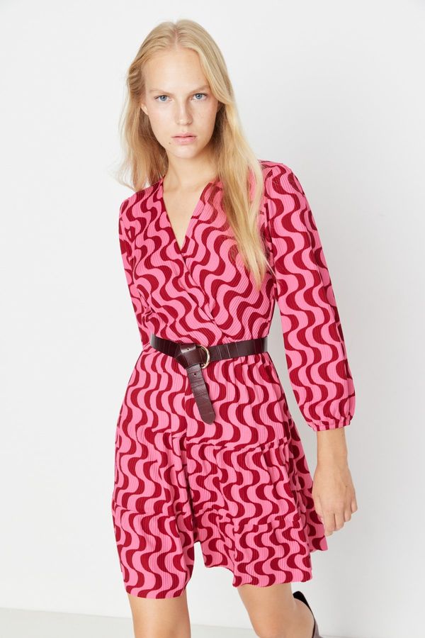 Trendyol Trendyol Red Retro Printed Skater/Waist Open Double Breasted Neck Mini Stretch Knitted Dress