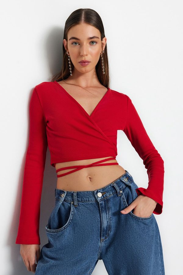 Trendyol Trendyol Red Ribbed Fitted Long Sleeve Double Breasted Crop Cotton Stretch Knitted Blouse