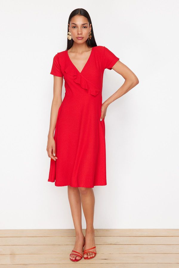 Trendyol Trendyol Red Ruffled Double Breasted Closed Skater/Waist Opened Flexible Midi Knitted Dress