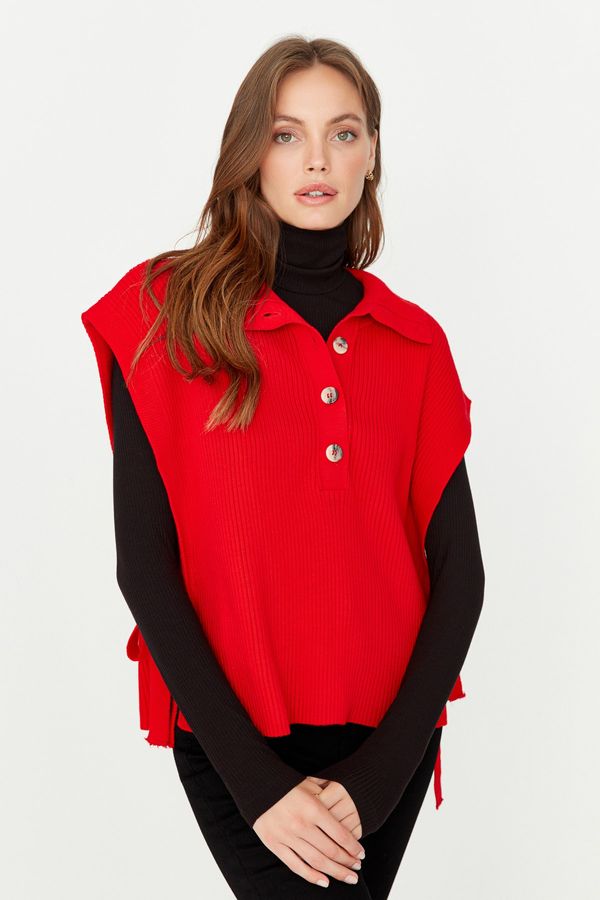 Trendyol Trendyol Red Side Tie Detailed Collar Buttoned Knitwear Sweater