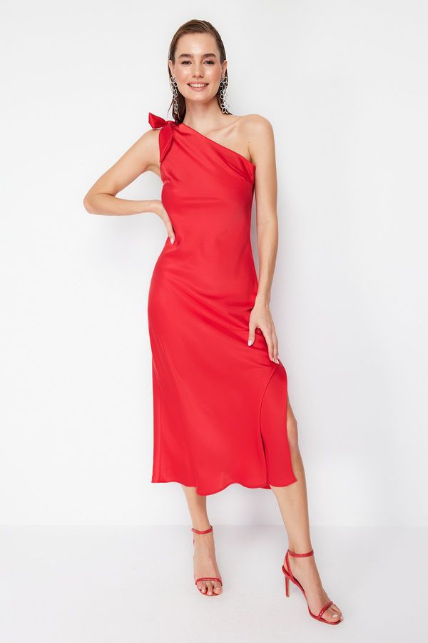 Trendyol Trendyol Red Sleeve Detailed Woven Satin Elegant Evening Dress