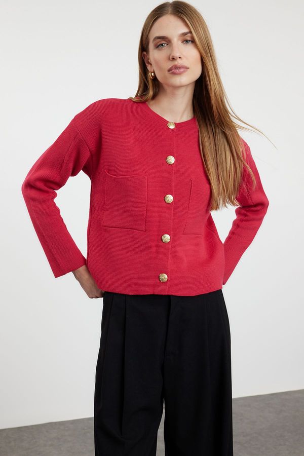 Trendyol Trendyol Red Soft Textured Accessory Knitwear Cardigan