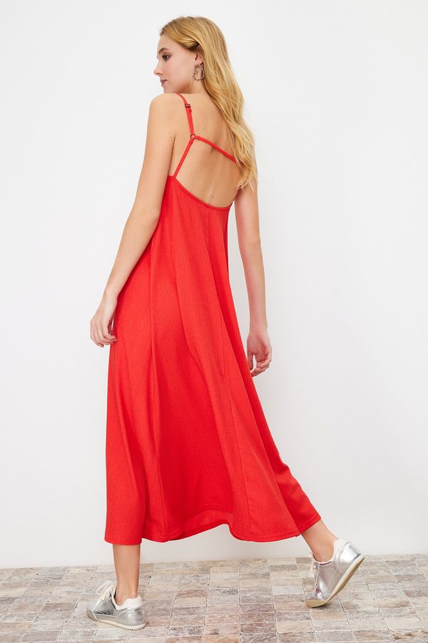 Trendyol Trendyol Red Square Neck A-Line Gooseberry/Textured Knitted Maxi Dress
