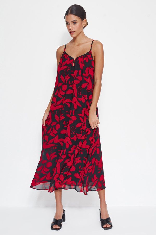 Trendyol Trendyol Red Straight Cut Maxi Woven Chiffon Lined Floral Pattern Woven Dress