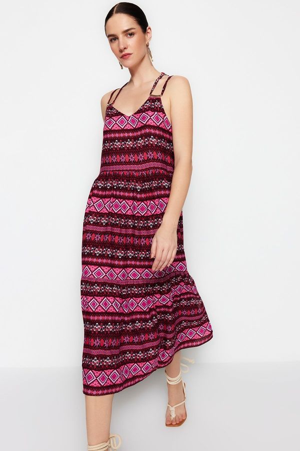 Trendyol Trendyol Red Straight Cut Midi Woven Back Detail Ethnic Patterned Woven Dress