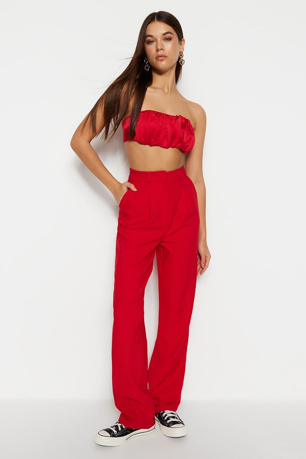 Trendyol Trendyol Red Straight Cut Wide Leg Pleated Woven Trousers