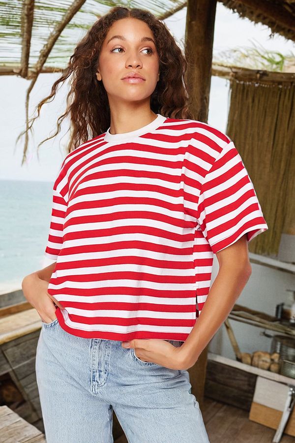 Trendyol Trendyol Red Striped 100% Cotton Asymmetrical Loose/Relaxed Cut Knitted T-Shirt
