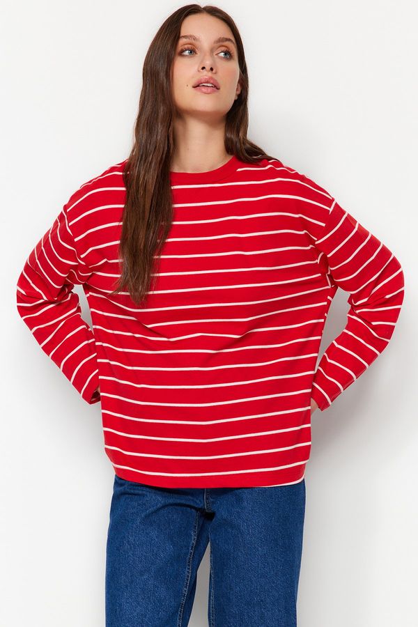 Trendyol Trendyol Red Striped Oversize/Wide Cut Crew Neck Thin Knitted Sweatshirt
