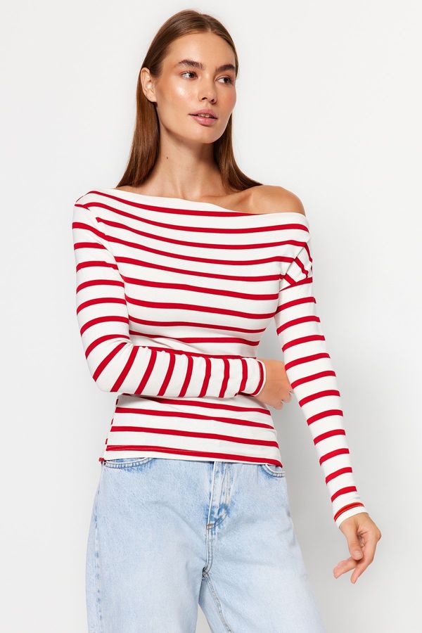 Trendyol Trendyol Red Striped Premium Soft Fabric Fitted Boat Neck Knitted Blouse