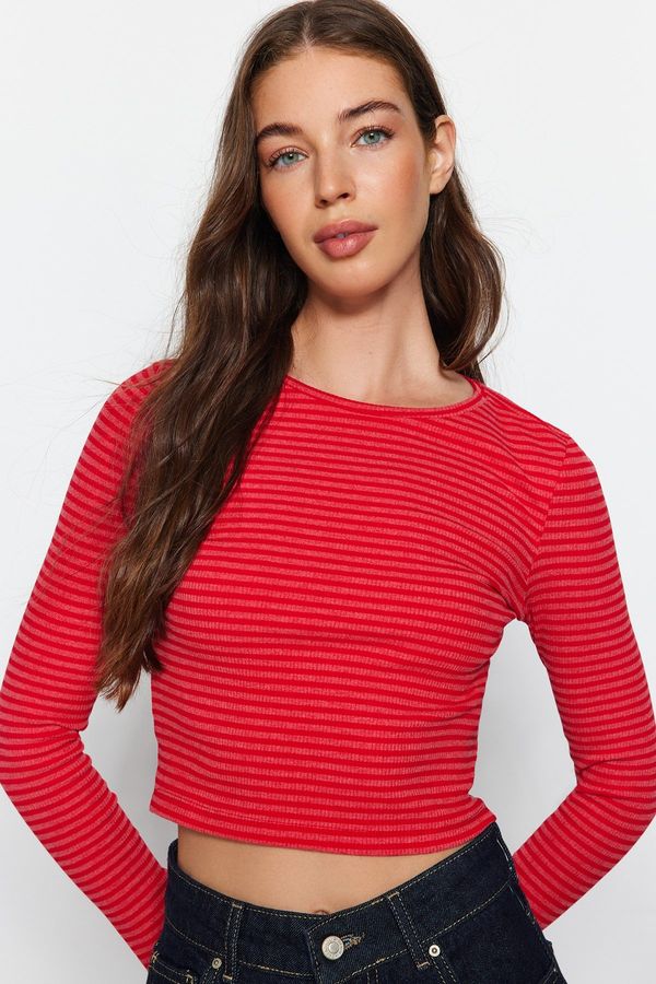 Trendyol Trendyol Red Striped Slim Crop Crew Neck Ribbed Flexible Knitted Blouse