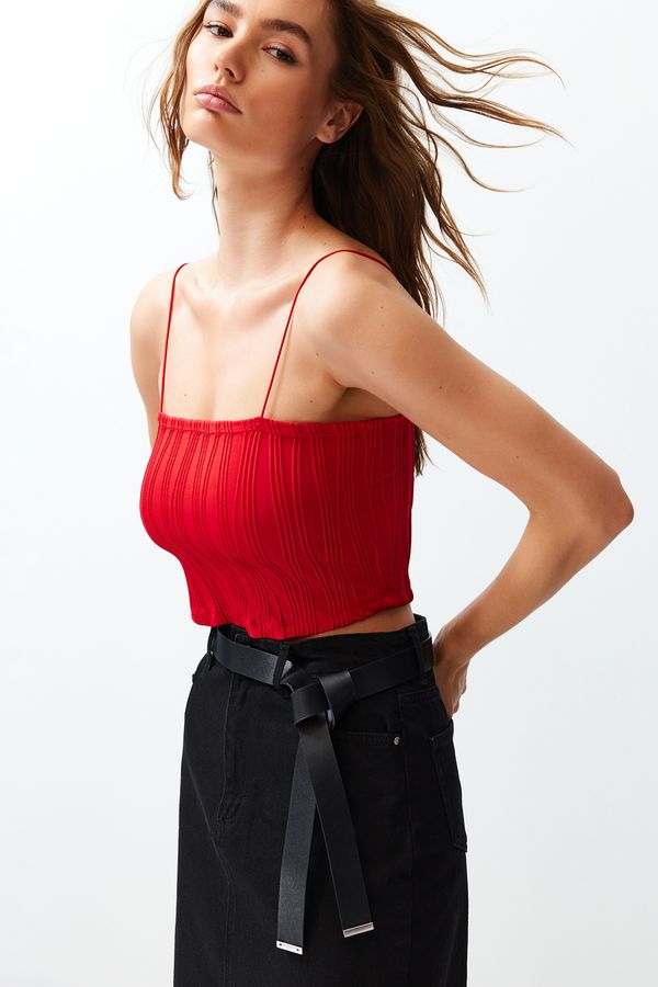 Trendyol Trendyol Red Textured Fabric Strapless Collar Crop Knitted Blouse