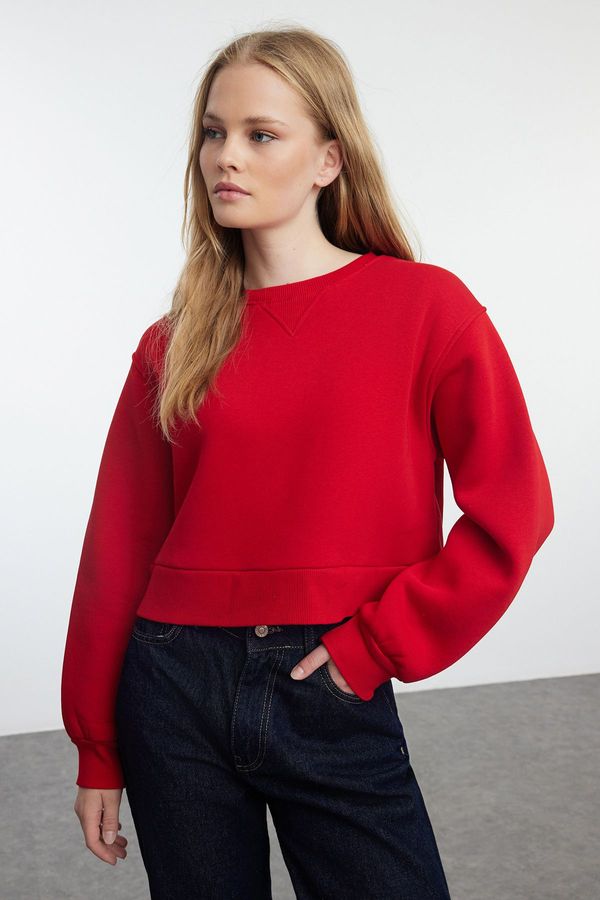 Trendyol Trendyol Red Thick Fleece Inside Relaxed/Wide Fit Crop Basic Knitted Sweatshirt