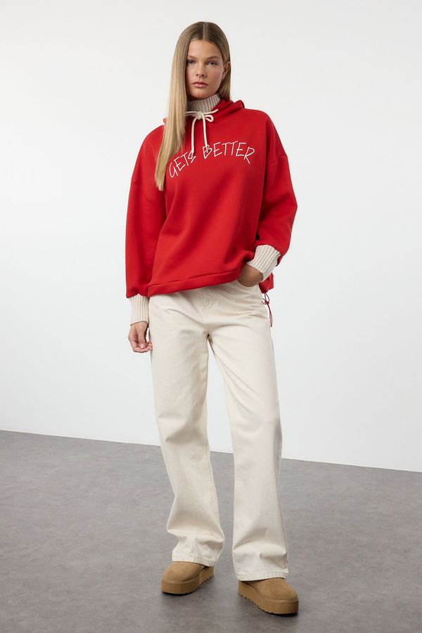 Trendyol Trendyol Red Thick Fleece Knitwear Hooded Knitted Sweatshirt with Tape Detail