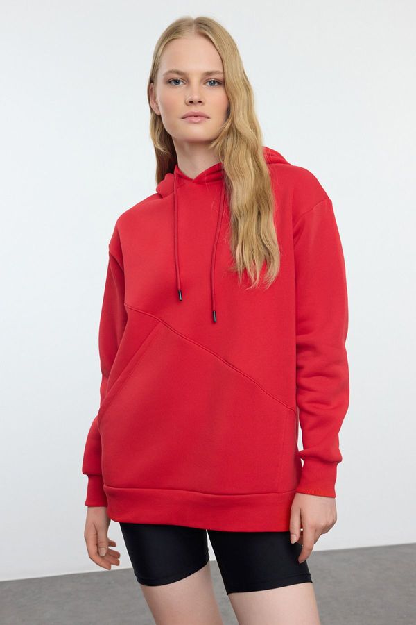 Trendyol Trendyol Red Thick Polar Fleece Oversize/Wide Pattern Pocket Detailed Hooded Knitted Sweatshirt