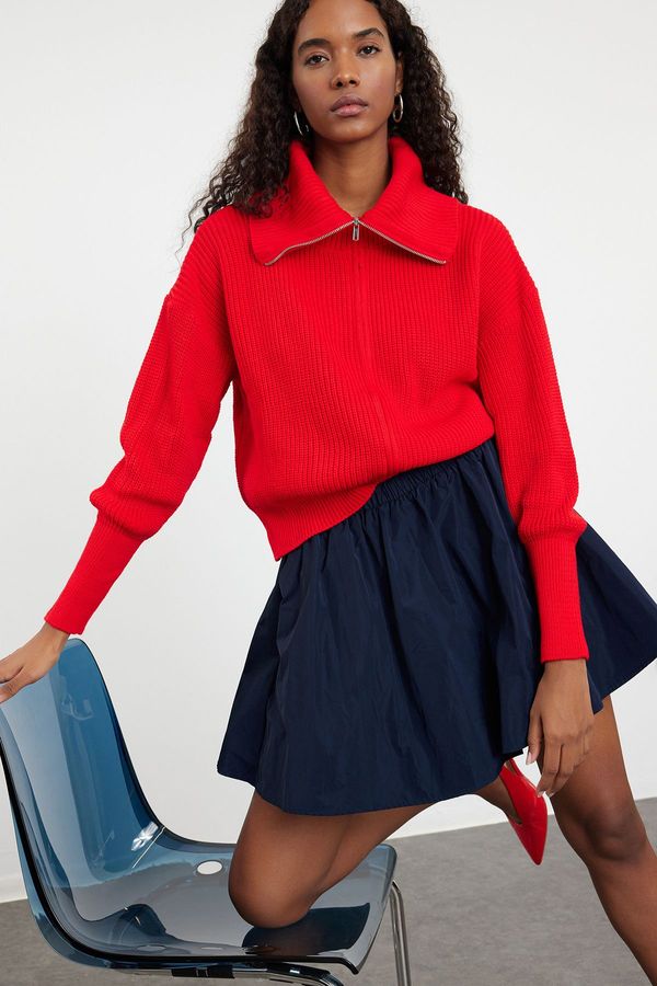 Trendyol Trendyol Red Turn-down Collar Zippered Knitted Cardigan