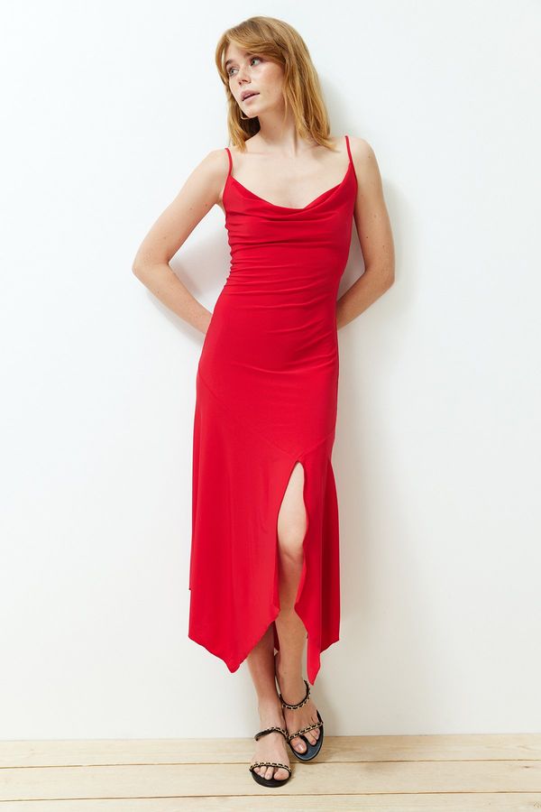 Trendyol Trendyol Red Turndown Collar Strappy Body-Shouldered Slit Flexible Knitted Midi Dress