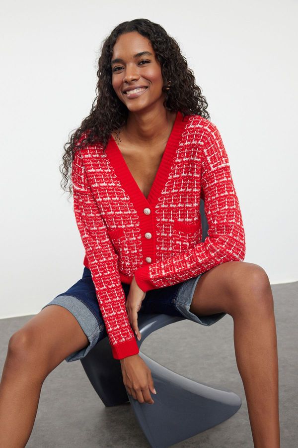 Trendyol Trendyol Red Tweed Look Knitwear Cardigan