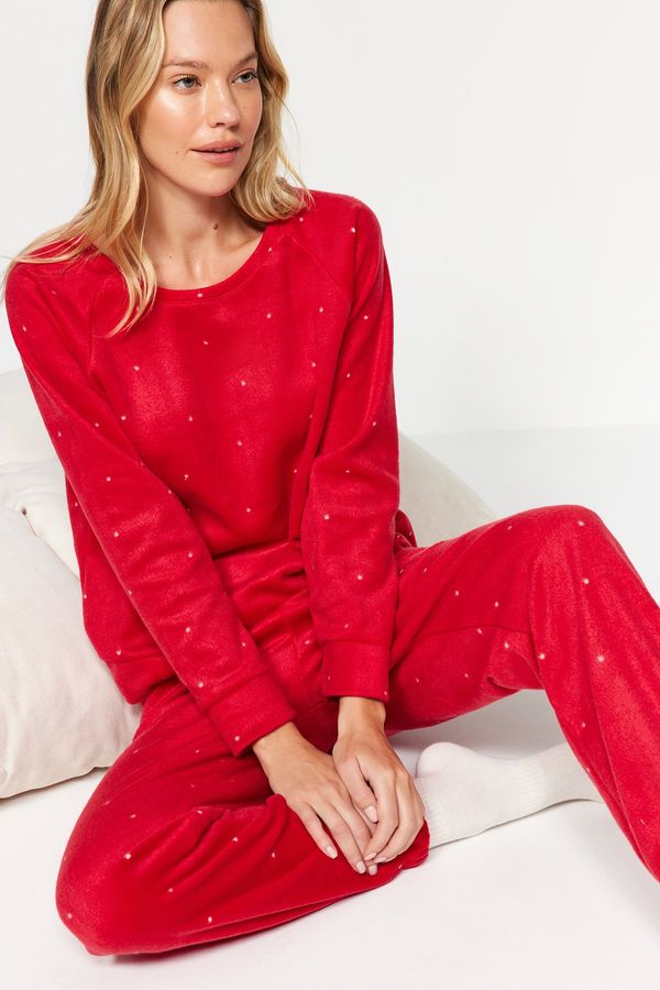 Trendyol Trendyol Red Velvet Knitted Tshirt-Pants Pajamas Set