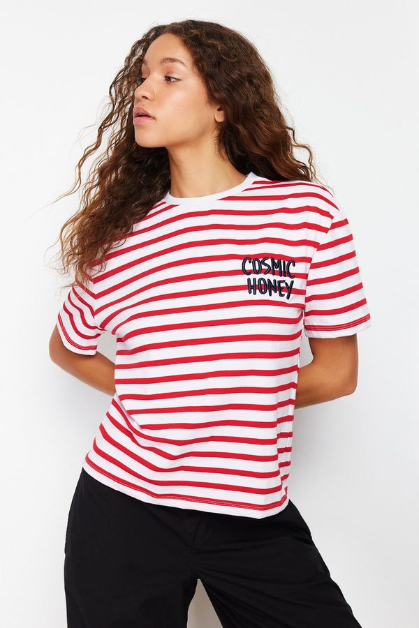 Trendyol Trendyol Red-White Striped Slogan Embroidery Detailed Relaxed/Comfortable Fit Knitted T-Shirt