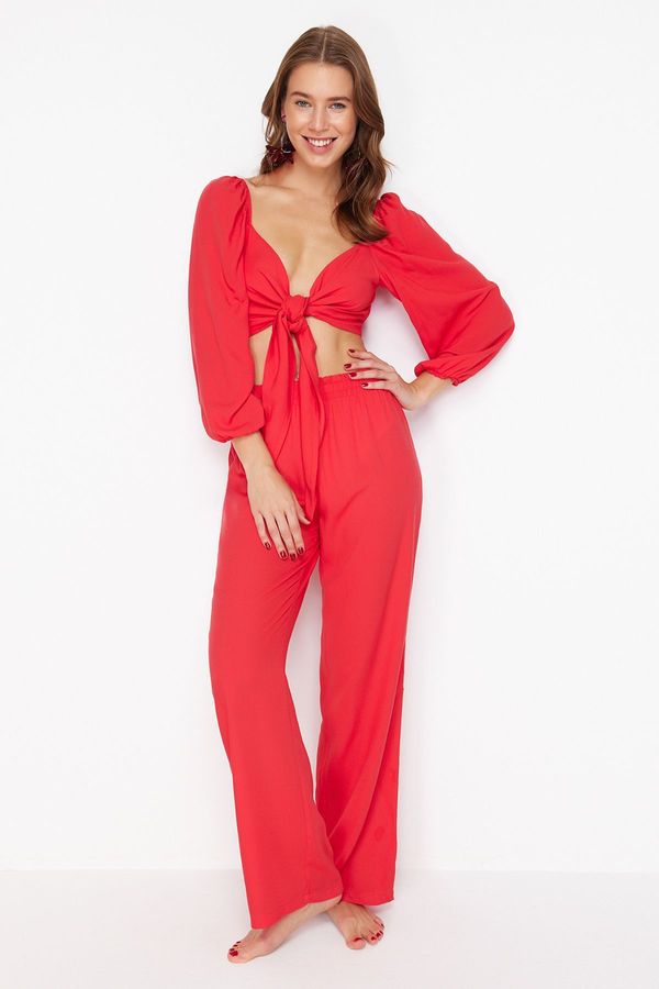 Trendyol Trendyol Red Woven Tie-Down Blouse and Trousers Set