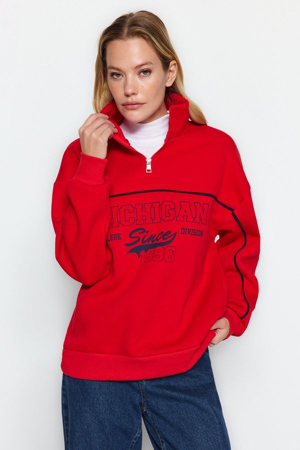 Trendyol Trendyol Red Zippered Printed Oversize Thick Fleece Inside Knitted Sweatshirt