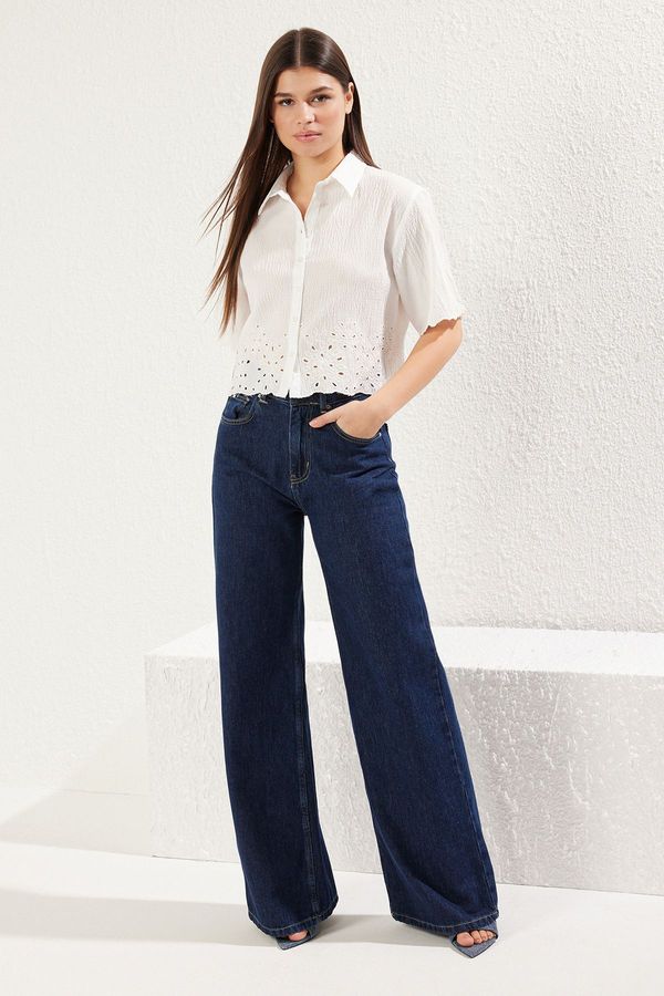 Trendyol Trendyol Regular Regular Pattern Woven Shirt with White Hem and Sleeve Embroidery Detail