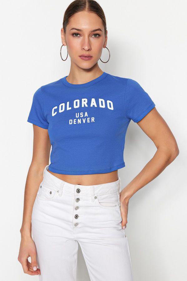 Trendyol Trendyol Saks 100% Cotton Slogan Printed Fitted/Skinned Crop Crew Neck Knitted T-Shirt