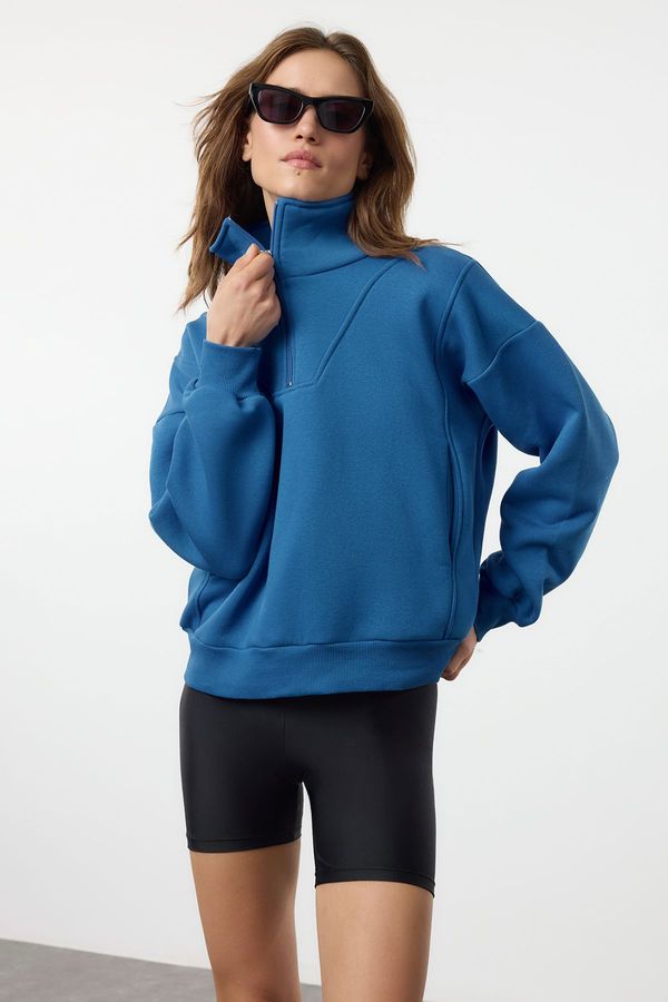 Trendyol Trendyol Saks Oversize/Wide Fit Zippered Stand-Up Collar Thick Inside Fleece Knitted Sweatshirt