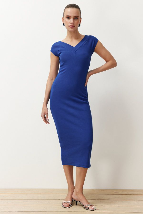 Trendyol Trendyol Saks V-Neck Moon Sleeve Fitted Ribbed Flexible Knitted Knitted Midi Pencil Dress