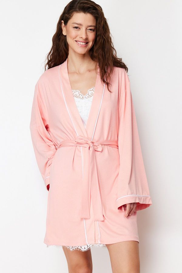 Trendyol Trendyol Salmon Belted Knitted Dressing Gown with Piping Detail