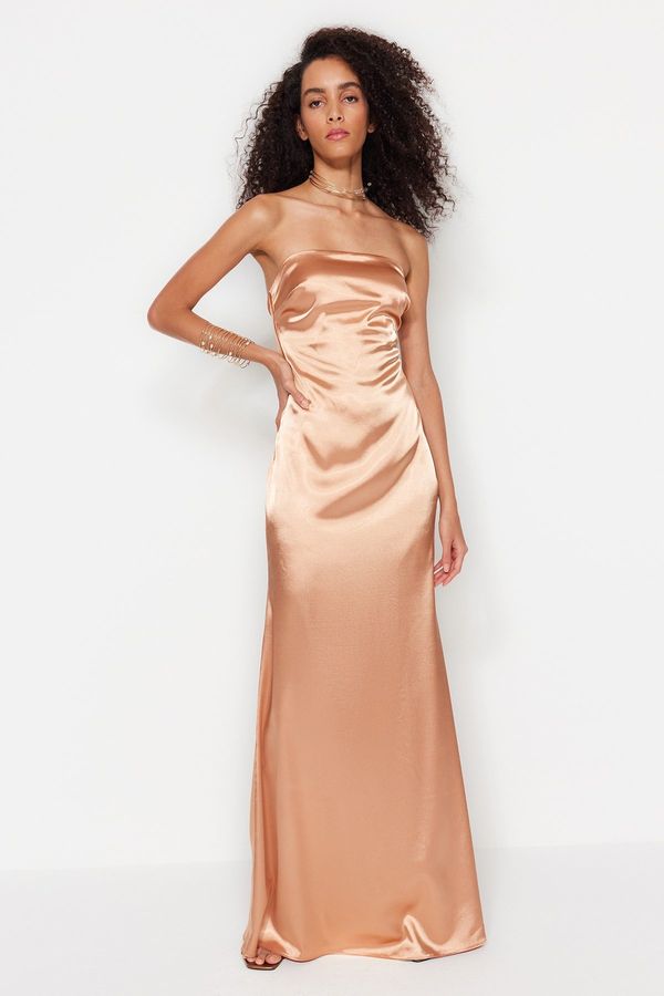 Trendyol Trendyol Salmon Fitted Evening Dress In Weave Satin, Long Evening Dress