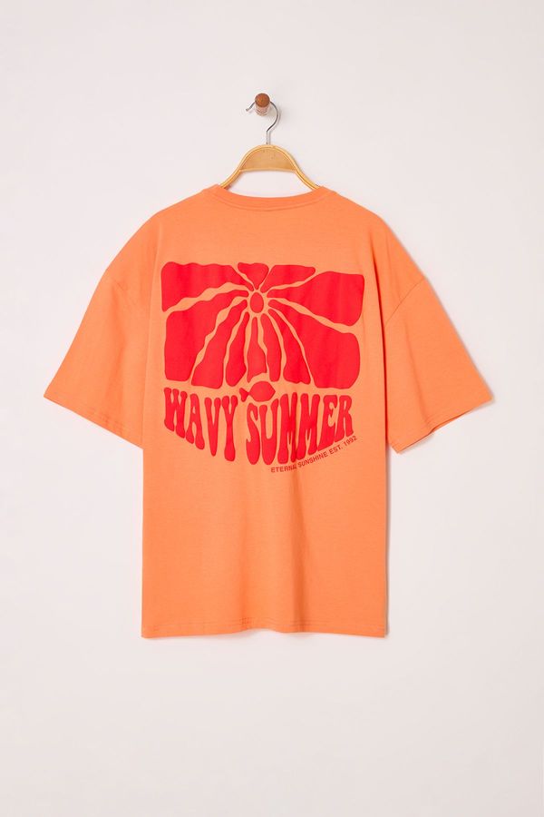 Trendyol Trendyol Salmon Oversize Cut Puffy Printed 100% Cotton T-Shirt